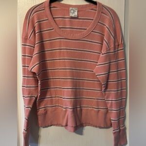 aerie Coral Pink Striped Waffle-Knit Scoop Neck Sweater